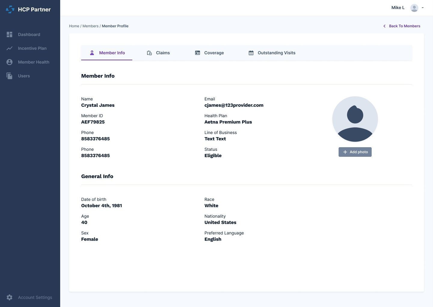 Member Profile Wireframe